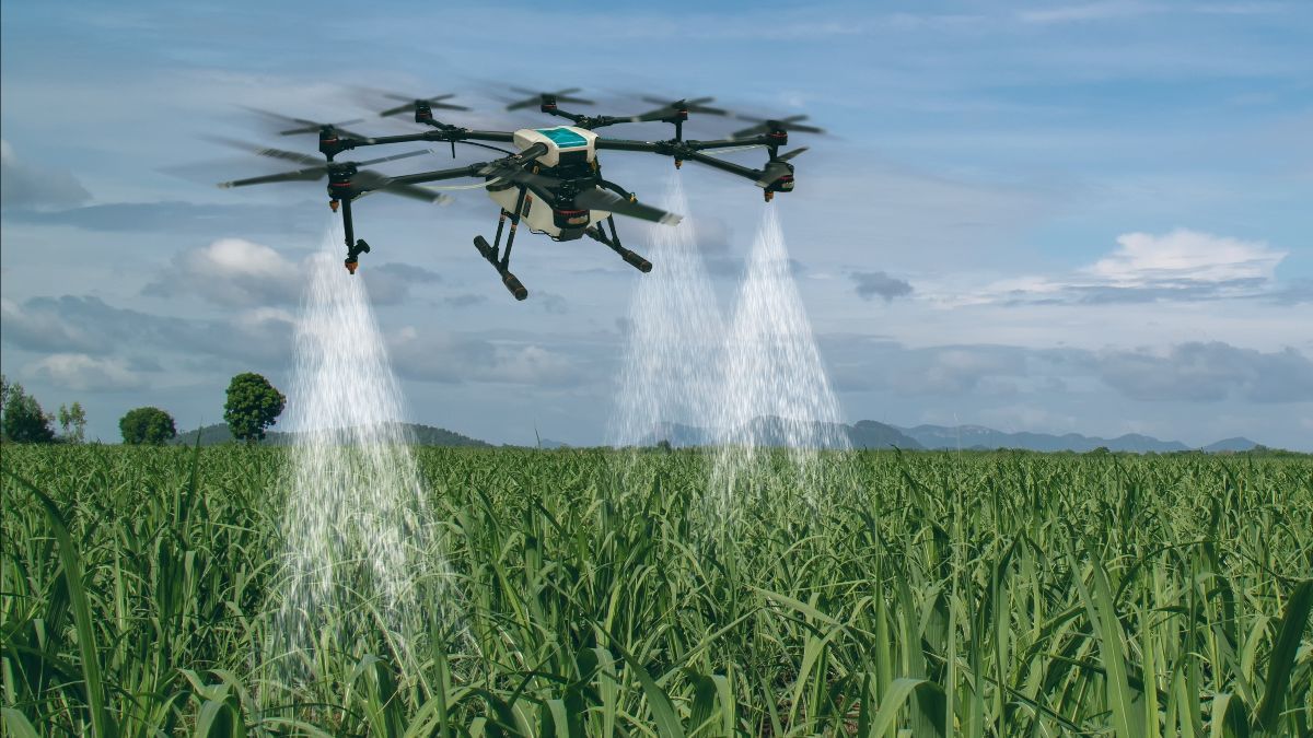 drone applying water to crops